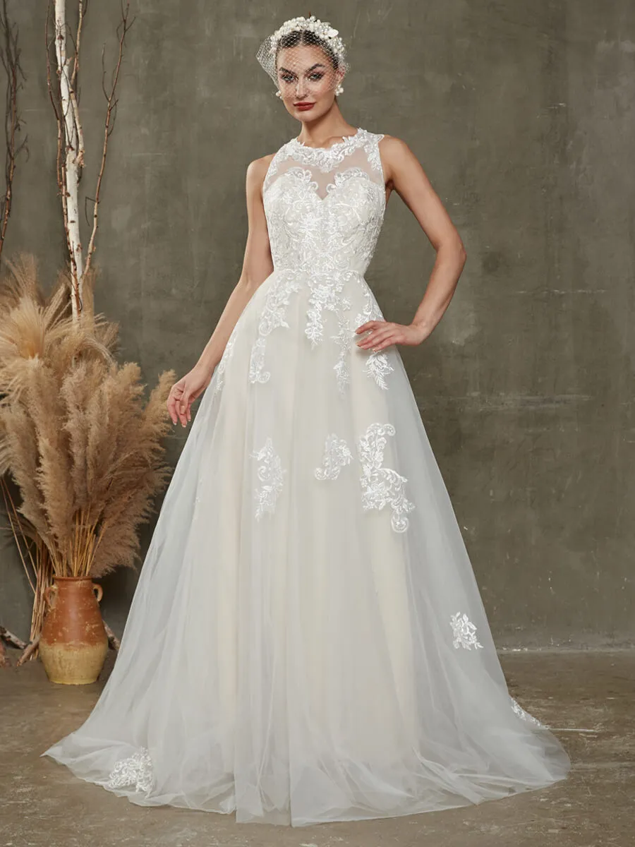 Illusion Sweetheart Sleeveless Lace Wedding Dress With Chapel Train