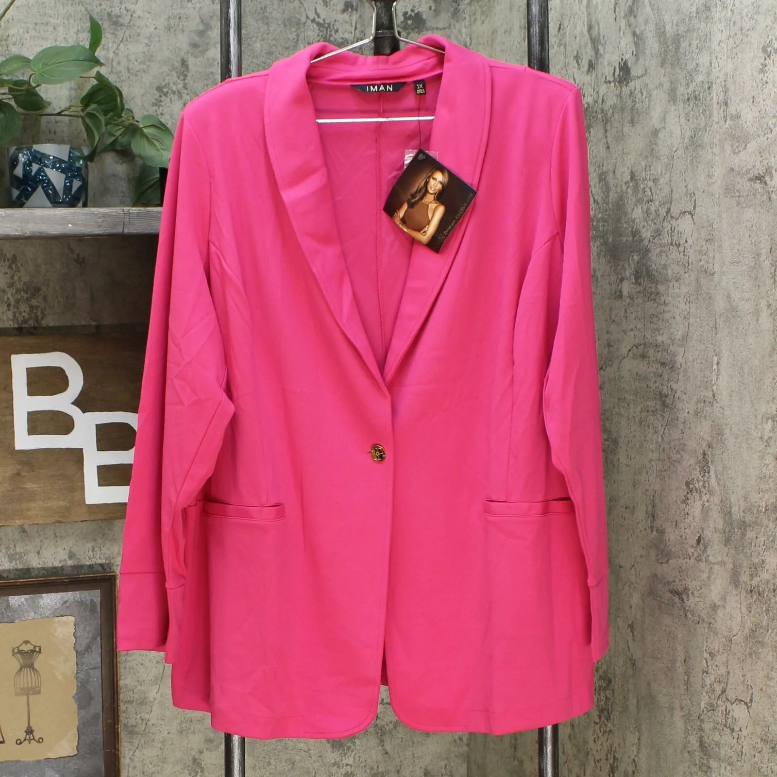 IMAN Women's Plus Size Global Chic Luxury Resort Blazer With Printed Cuffs