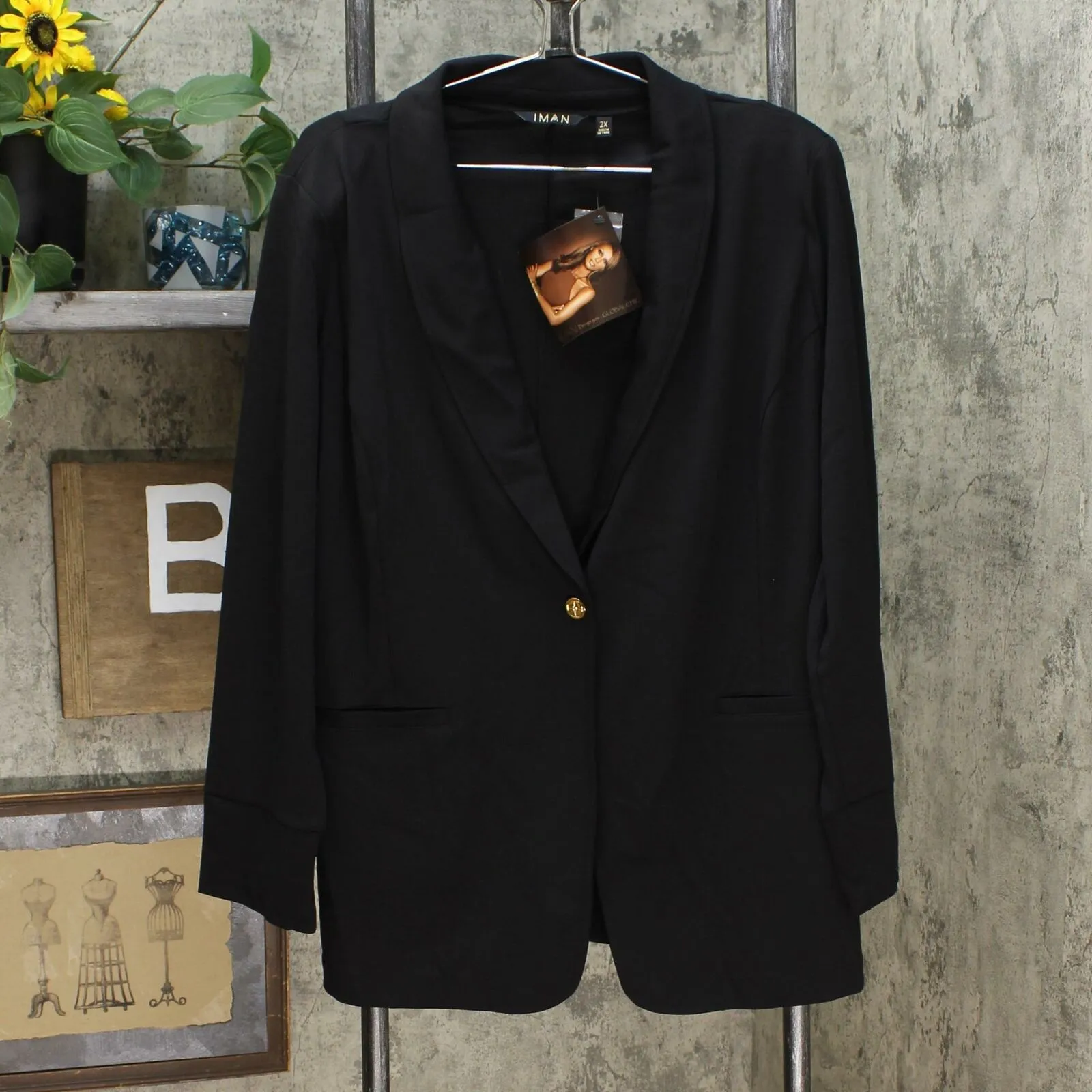 IMAN Women's Plus Size Global Chic Luxury Resort Blazer With Printed Cuffs