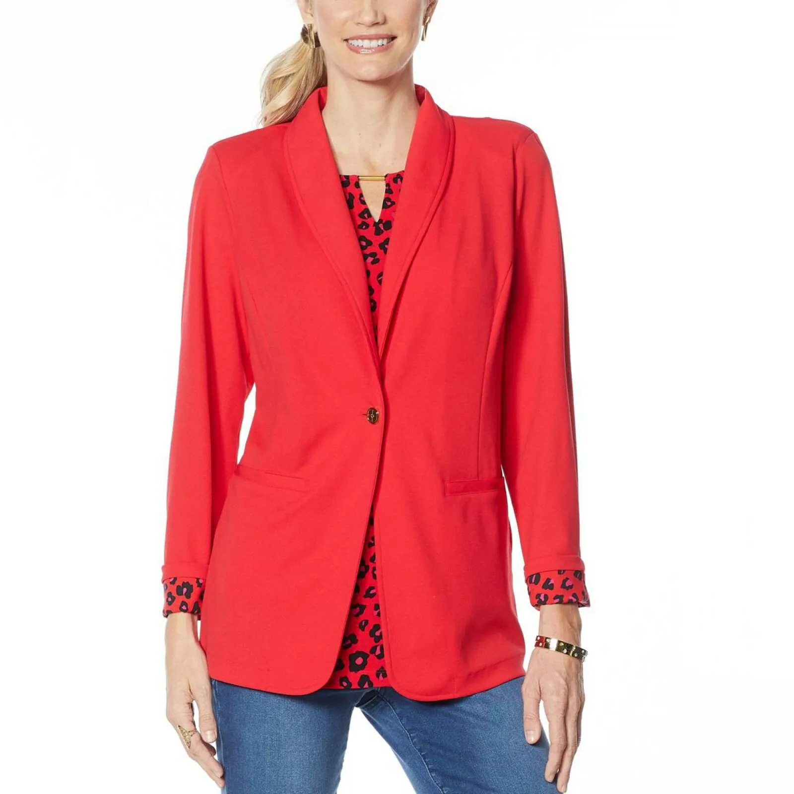 IMAN Women's Plus Size Global Chic Luxury Resort Blazer With Printed Cuffs