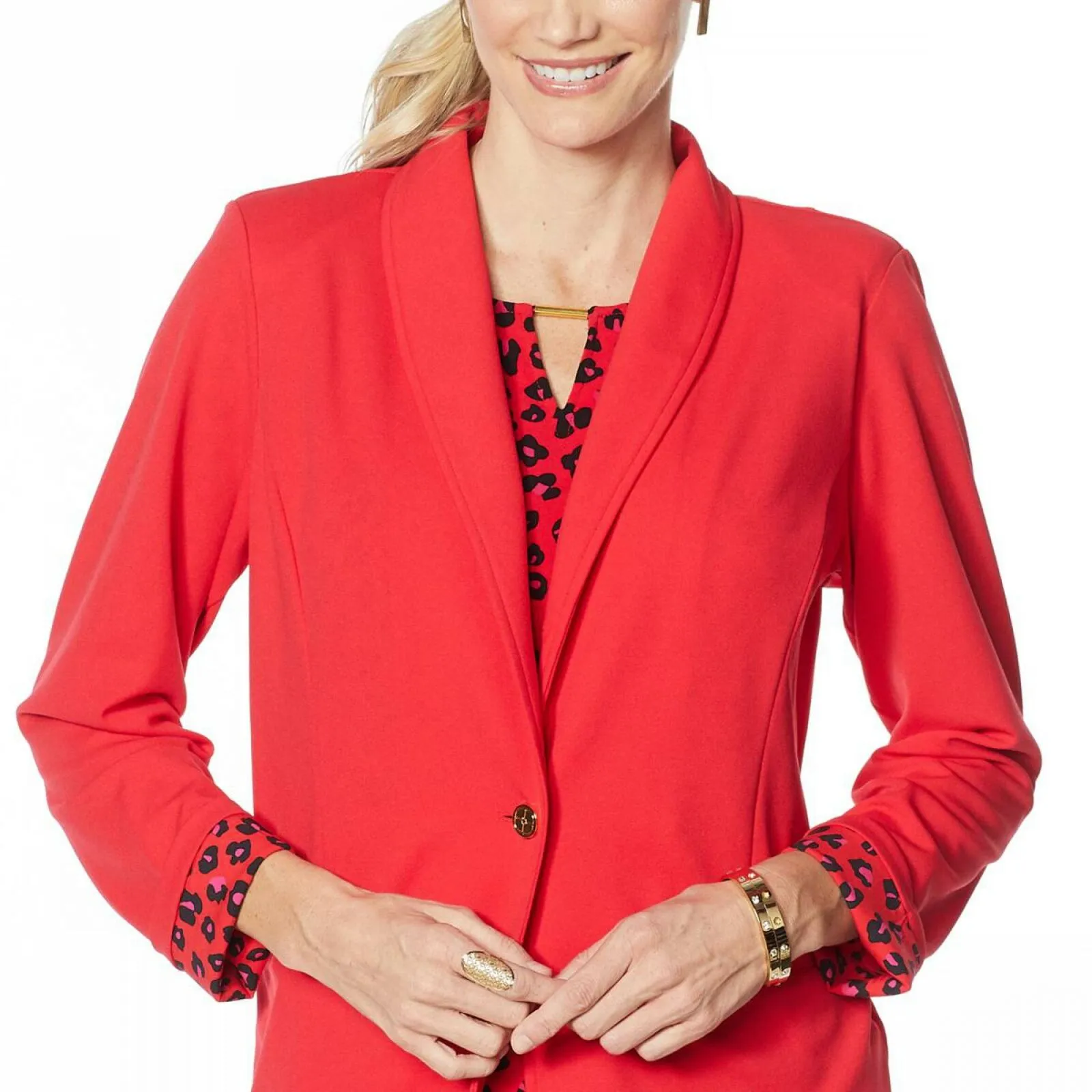 IMAN Women's Plus Size Global Chic Luxury Resort Blazer With Printed Cuffs
