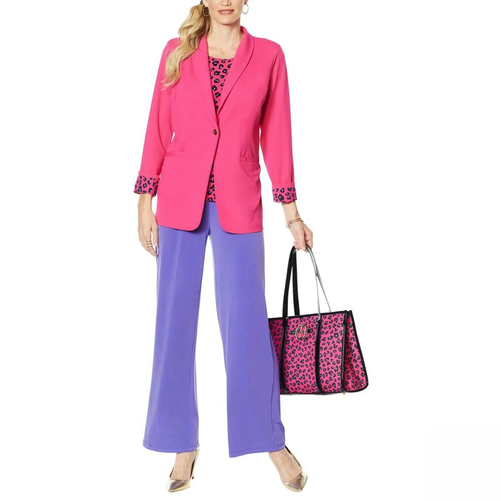 IMAN Women's Plus Size Global Chic Luxury Resort Blazer With Printed Cuffs