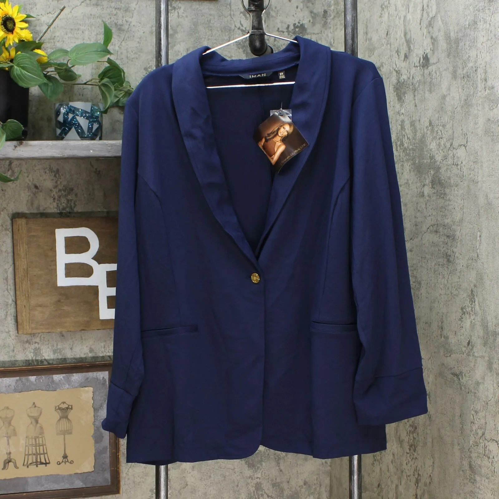 IMAN Women's Plus Size Global Chic Luxury Resort Blazer With Printed Cuffs