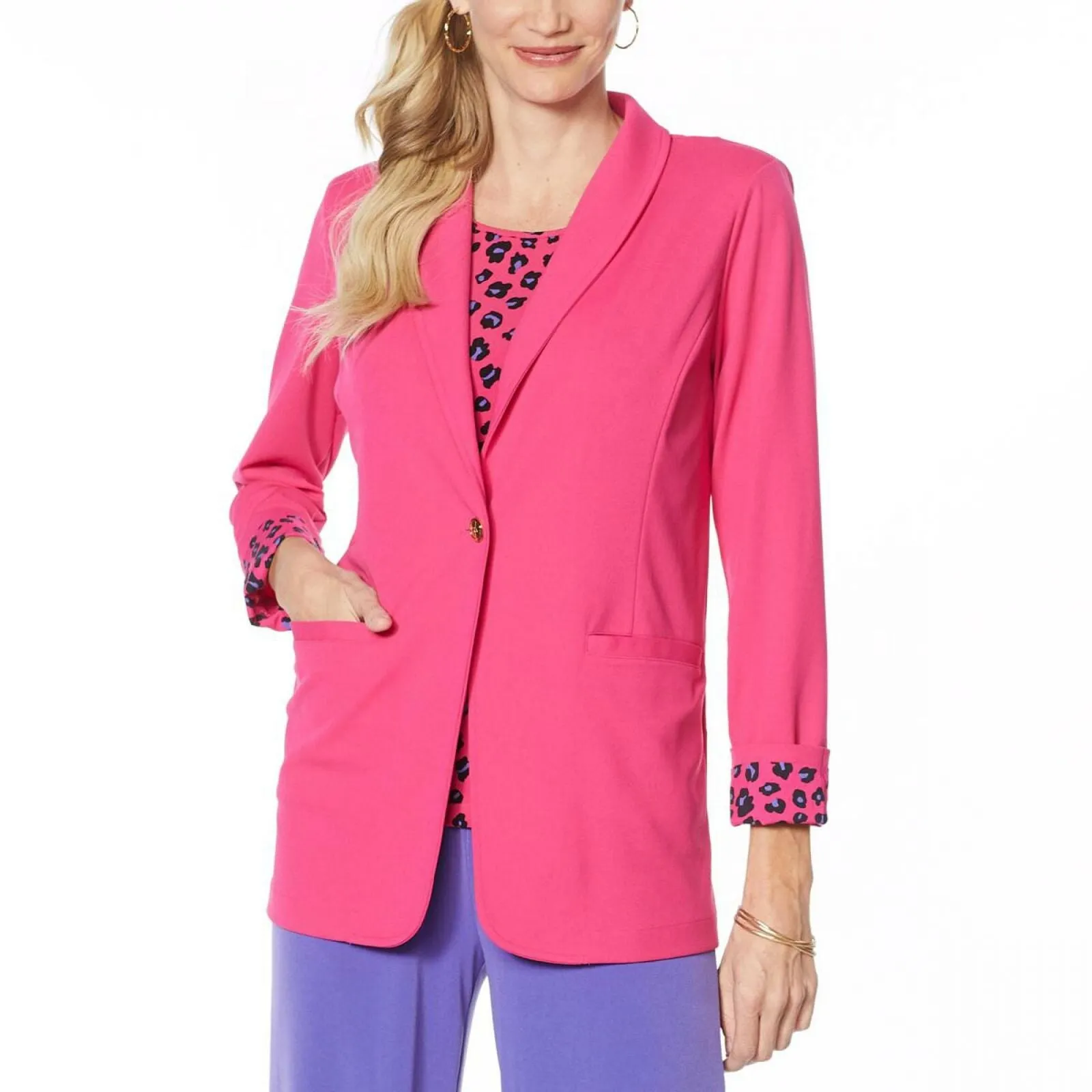 IMAN Women's Plus Size Global Chic Luxury Resort Blazer With Printed Cuffs
