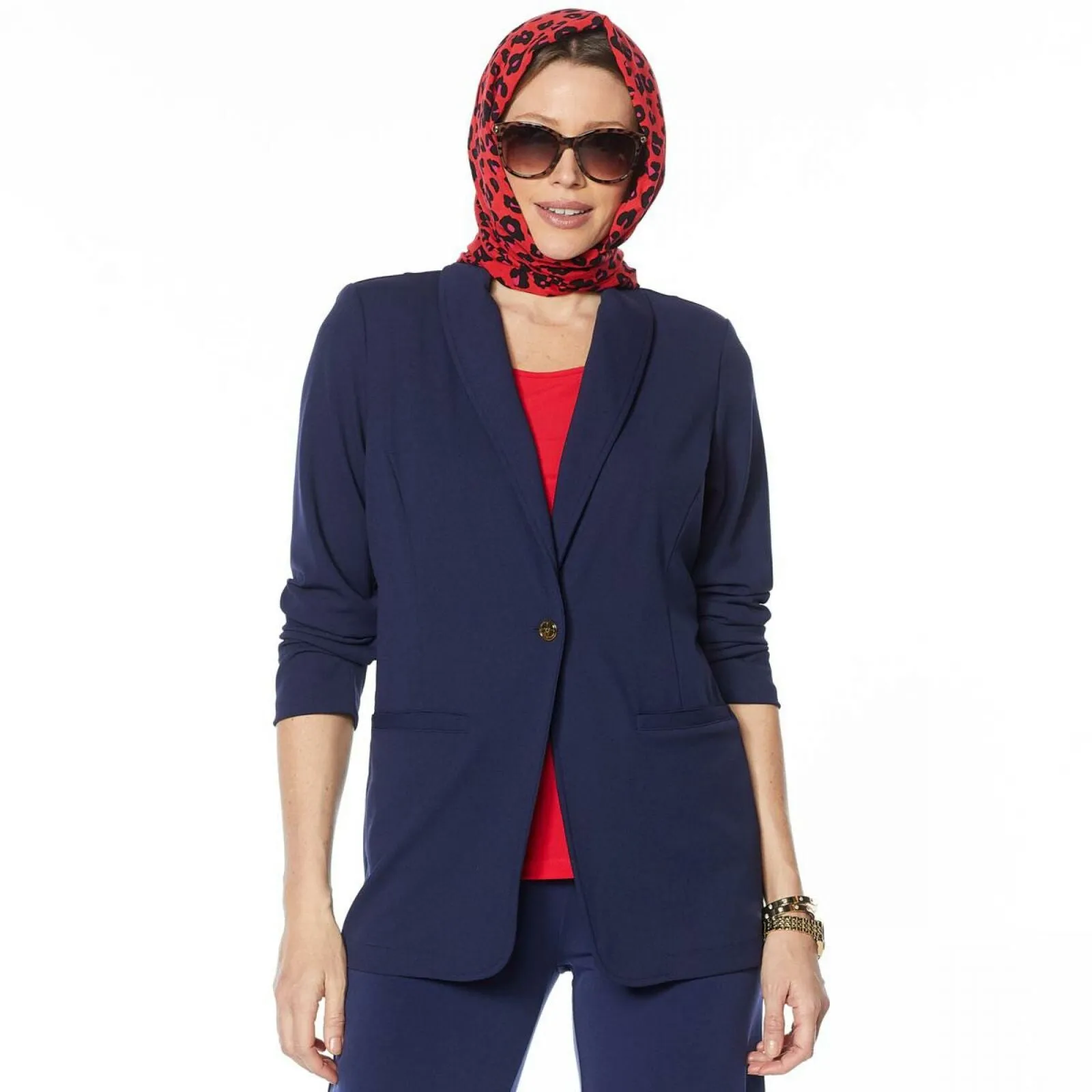 IMAN Women's Plus Size Global Chic Luxury Resort Blazer With Printed Cuffs