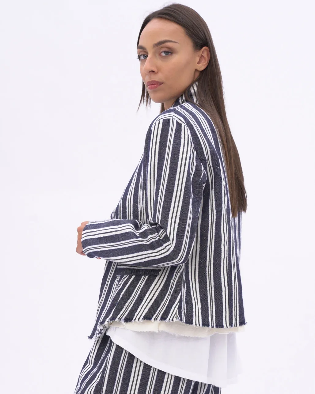 Indigo Striped Raw Edge Layered Jacket