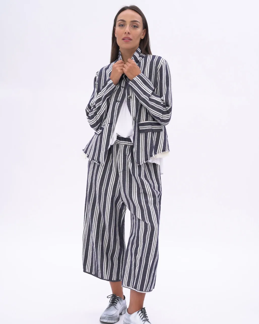 Indigo Striped Raw Edge Layered Jacket