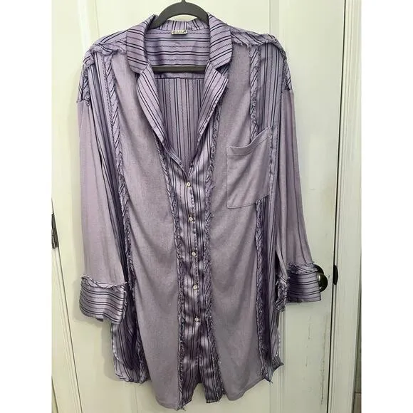 Intimately Free People Purple Dress Stripes Button Down Night Gown Boho Oversize