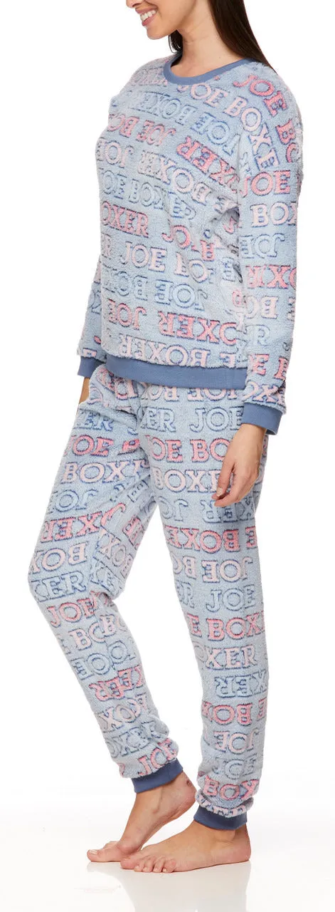 Joe Boxer Women's Blue Logo Banded Plush Pajama Set