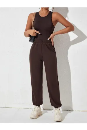 Jogger Sweatpants - Brown, Elastic Leg, High Waist, Summer