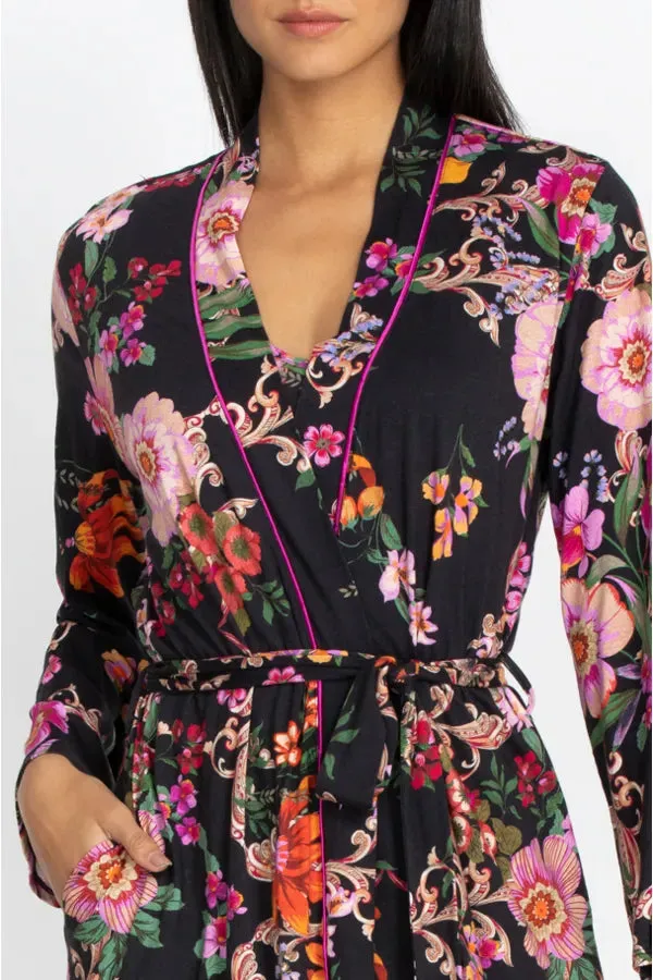 Johnny Was Pocca Sleep Robe Home Lounge Sleepwear Black Floral Long Sleeve New