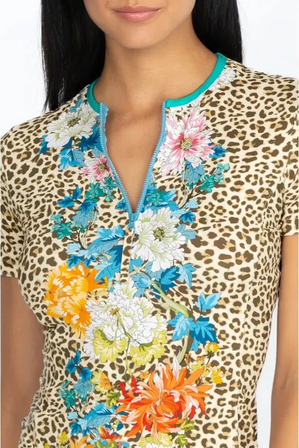JOHNNY WAS Swimwear SPORTY SURF SHIRT Animal Cheetah Floral Brown Top New