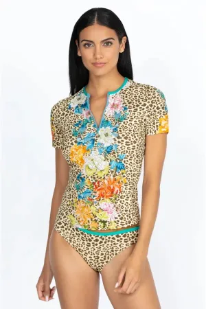 JOHNNY WAS Swimwear SPORTY SURF SHIRT Animal Cheetah Floral Brown Top New