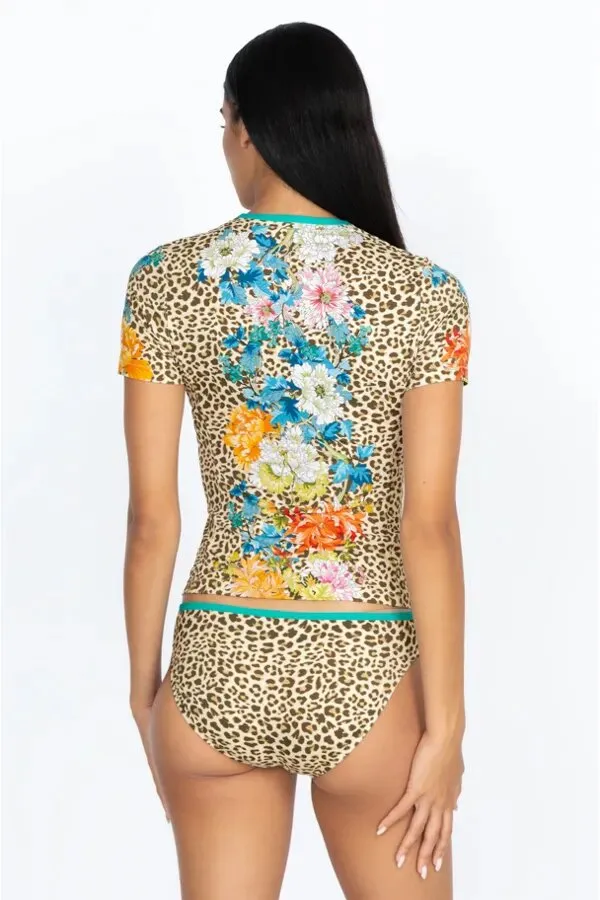 JOHNNY WAS Swimwear SPORTY SURF SHIRT Animal Cheetah Floral Brown Top New