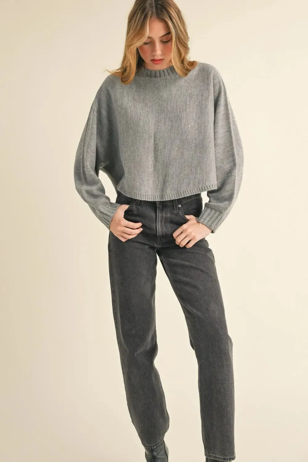 'Jovie' Round Neck Dolman Sleeve Cropped Sweater