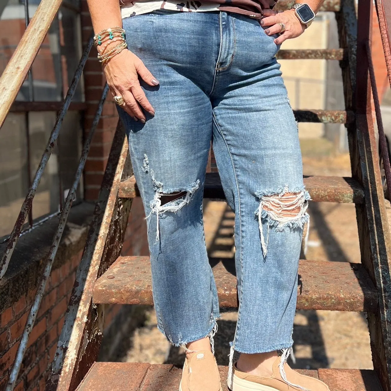 Judy Blue Distressed Knee Wide Leg Crop