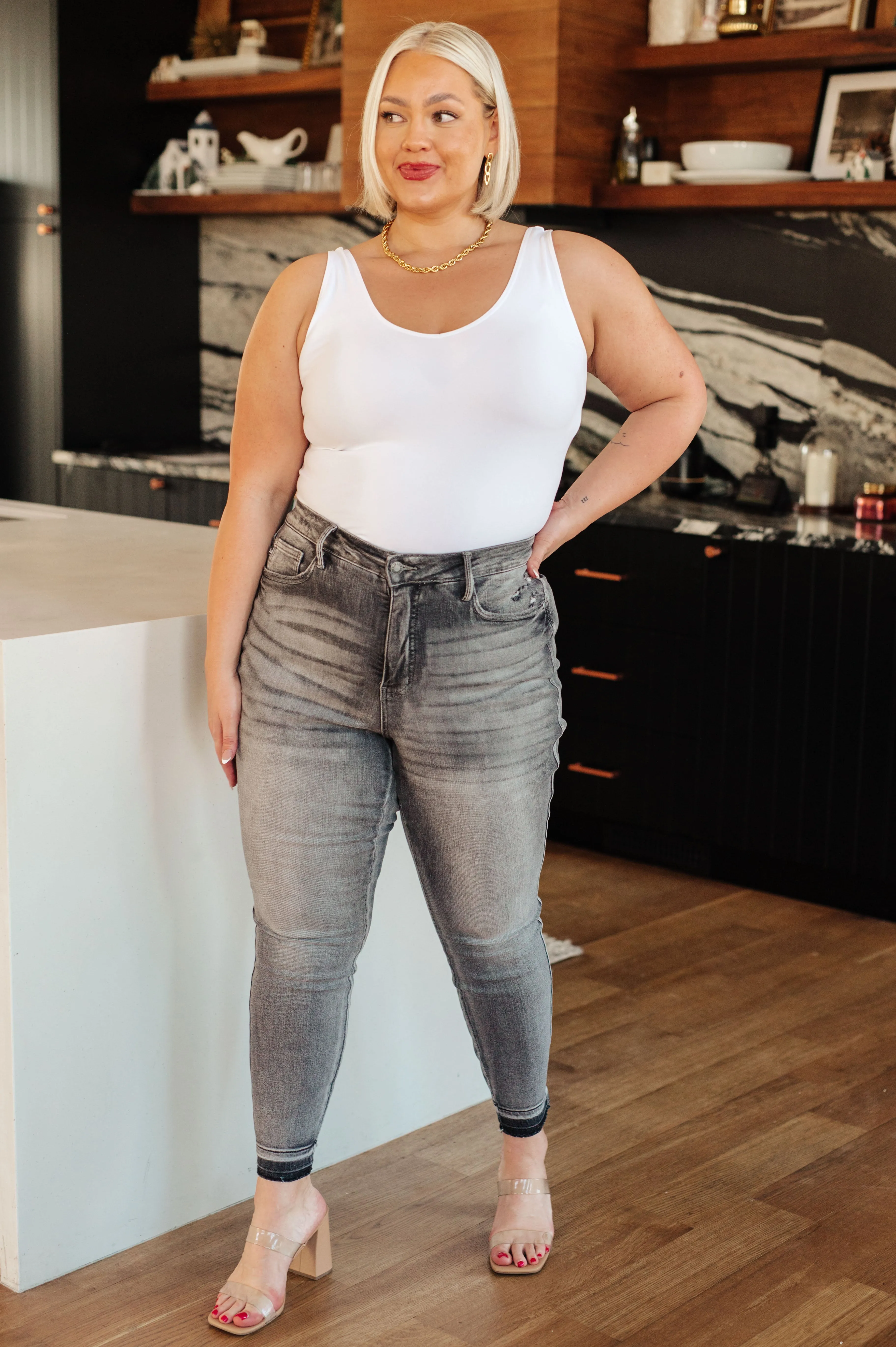 Judy Blue High-Rise Tummy Control Release Hem Skinny Jeans in Grey