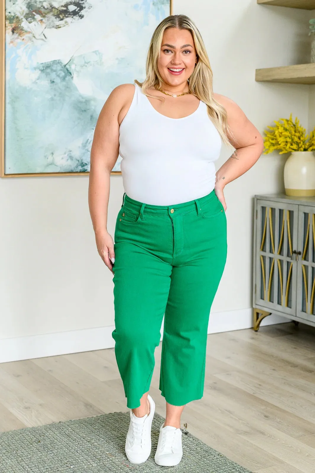 Judy Blue Tummy Control Wide Leg Crop Jeans in Kelly Green