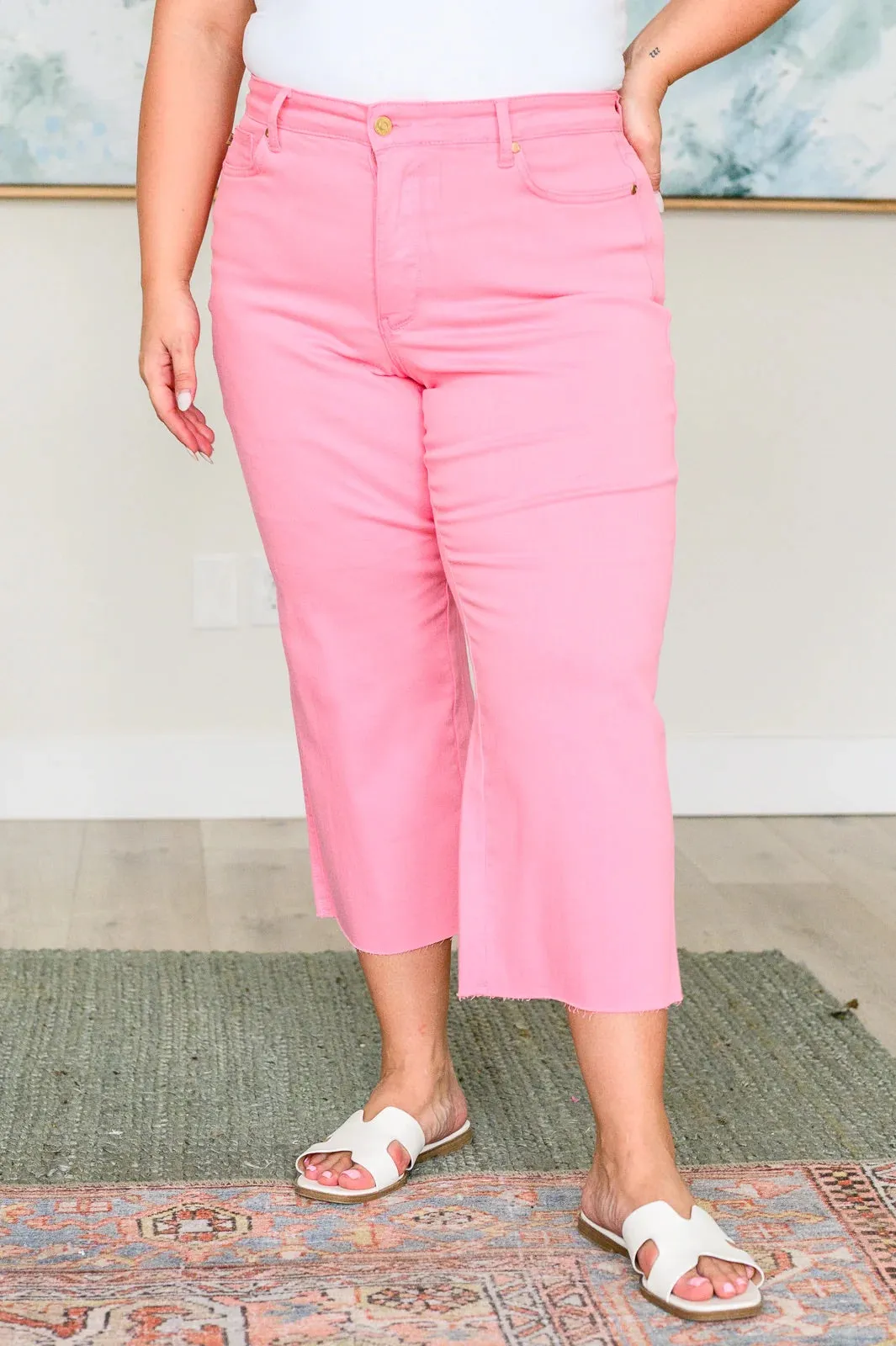 Judy Blue Tummy Control Wide Leg Crop Jeans in Pink