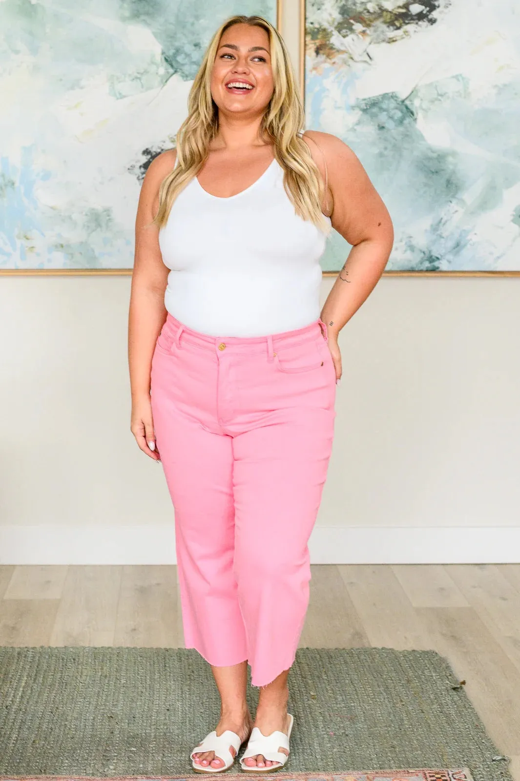 Judy Blue Tummy Control Wide Leg Crop Jeans in Pink