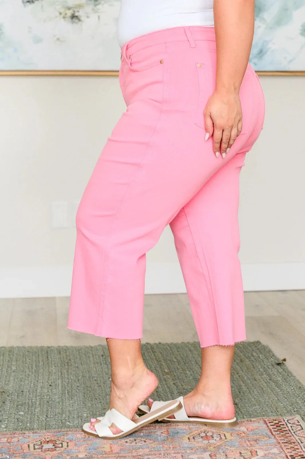 Judy Blue Tummy Control Wide Leg Crop Jeans in Pink