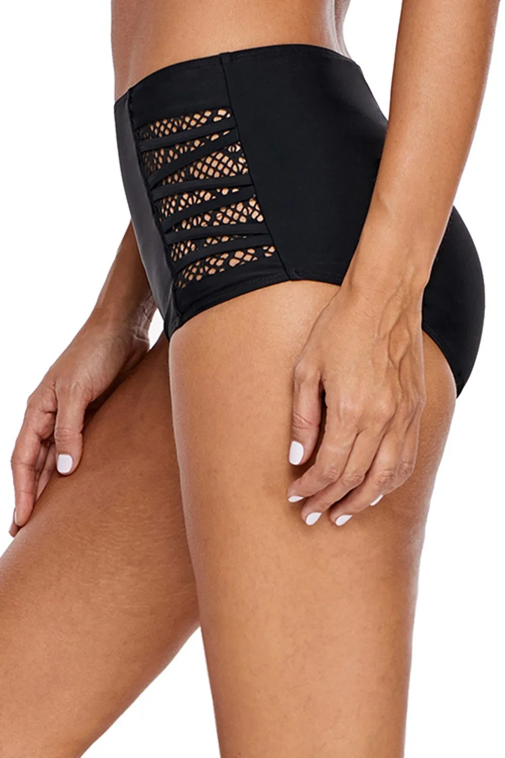 KaleaBoutique Black Strappy Lace Panel Aside Swim Bottom