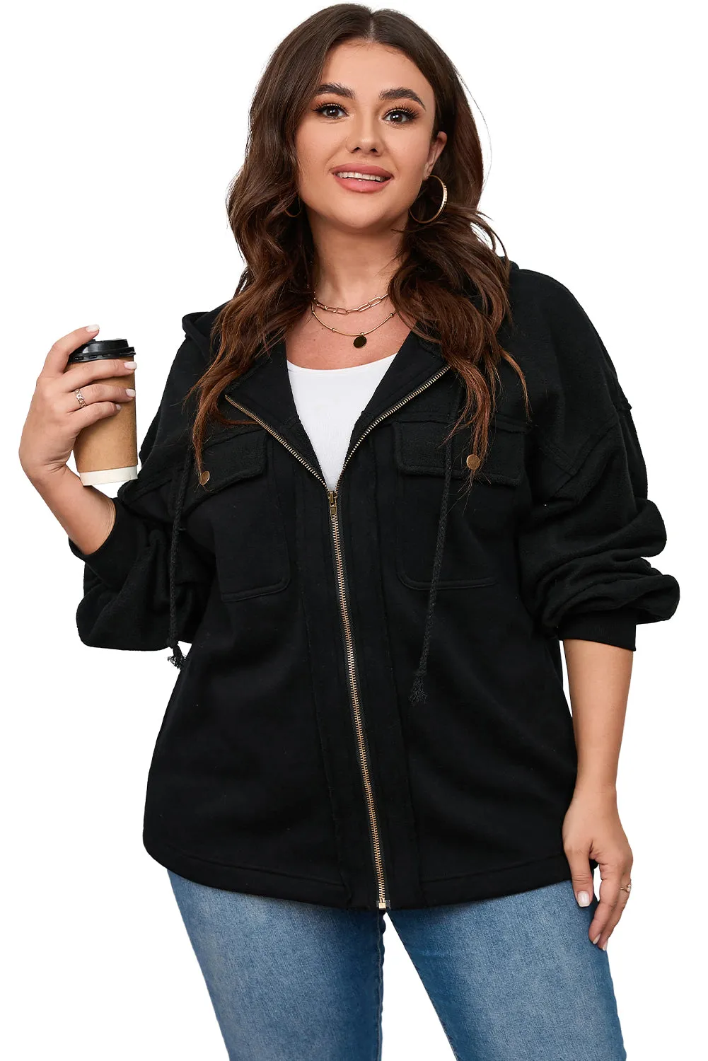 KaleaBoutique Plus Size Bishop Sleeve Zip Up Hooded Jacket