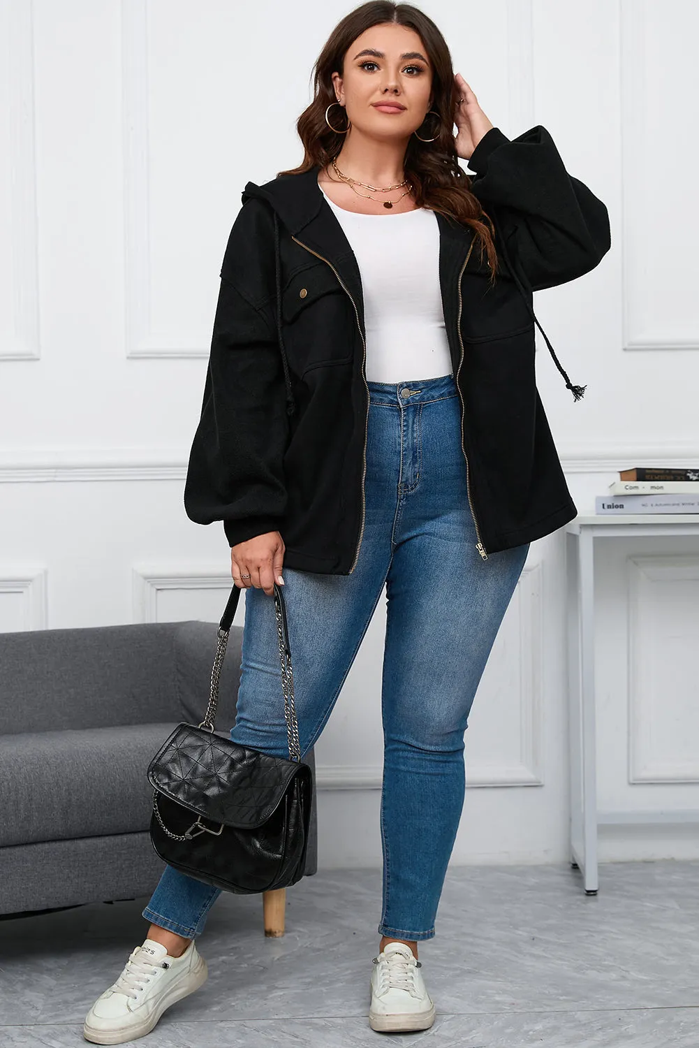 KaleaBoutique Plus Size Bishop Sleeve Zip Up Hooded Jacket