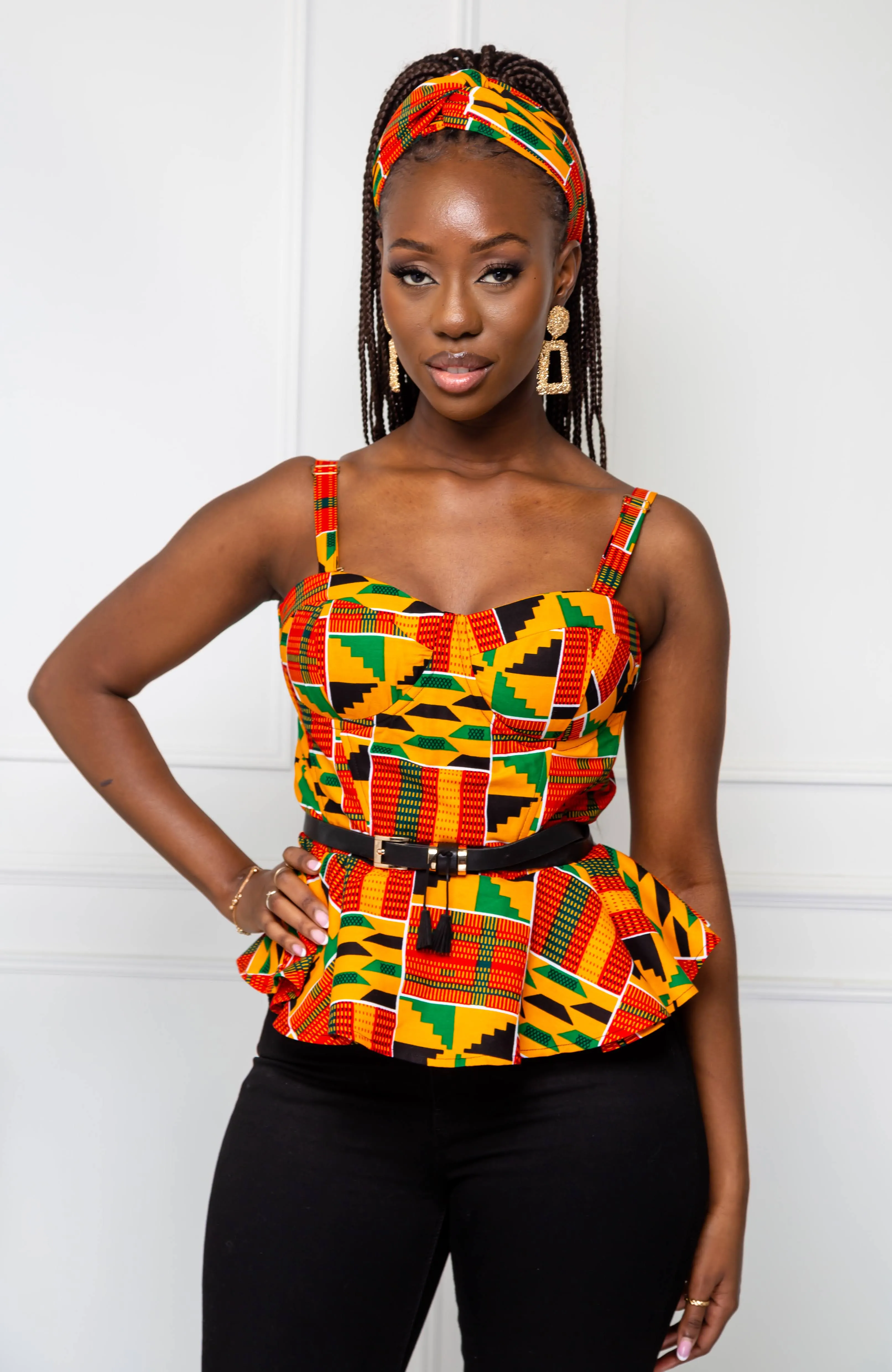 Kente Corset Peplum Orange Blouse |  African Print Sleeveless - KENYA
