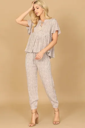 KEYHOLE TASSEL TIE LEOPARD TOP & PANTS SET