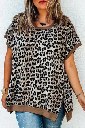 Khaki Leopard Contrast Trim Short Sleeve Loose Plus Size Top