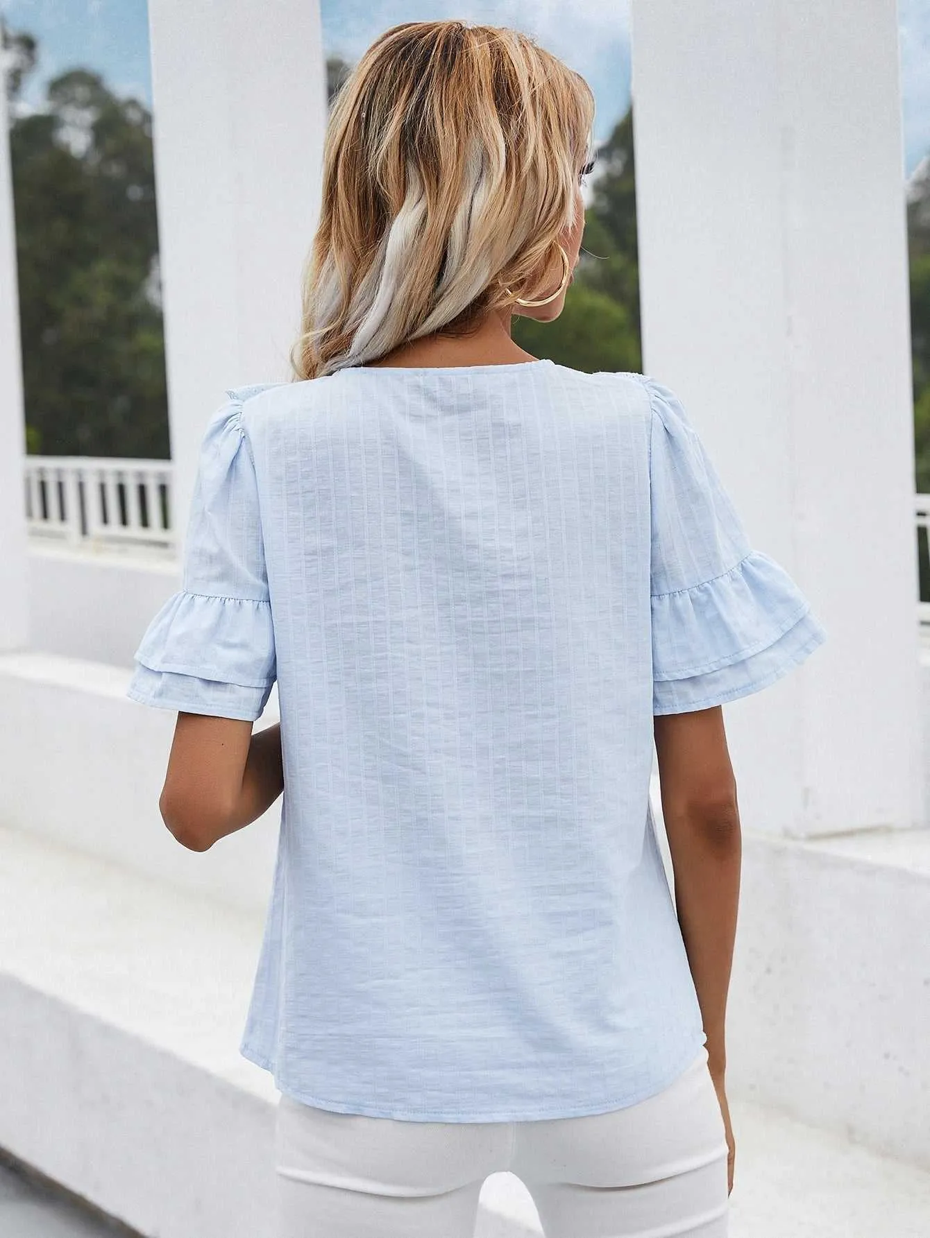 KittenAlarm - Lace hollow round neck ruffled short-sleeved shirt top