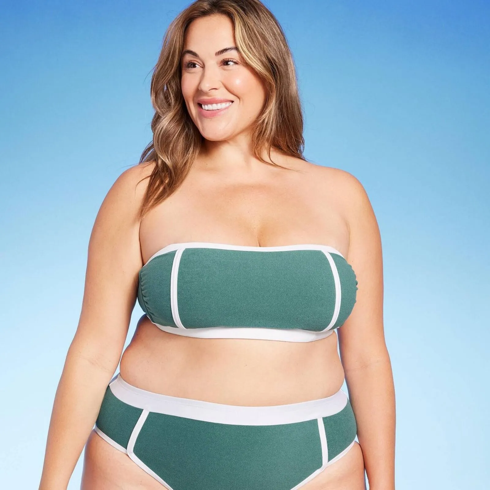 Kona Sol Plus Size Terry Textured Solid Bandeau with Binding Bikini Top 84894917