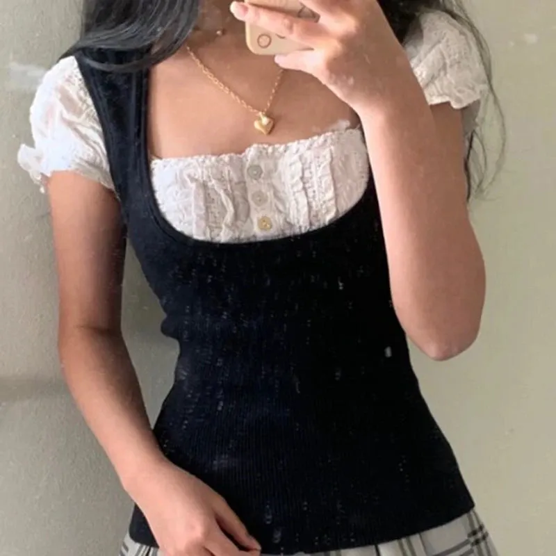Korean Kawaii Patchwork Crop Top with Square Collar
