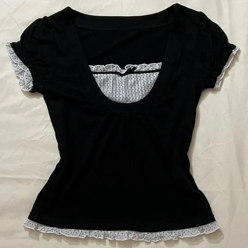Korean Kawaii Patchwork Crop Top with Square Collar