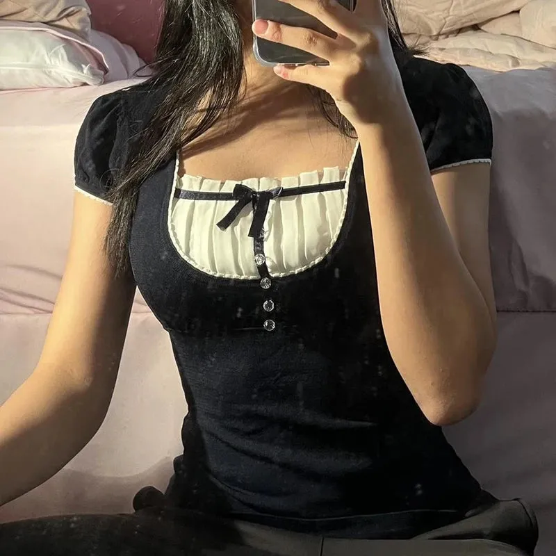 Korean Kawaii Patchwork Crop Top with Square Collar