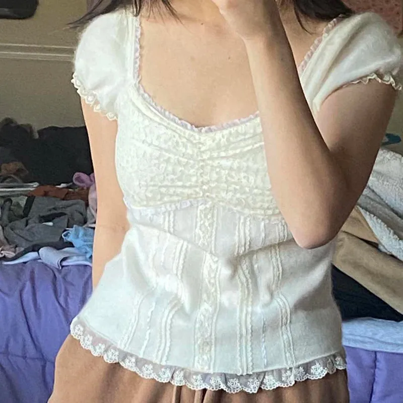 Korean Kawaii Patchwork Crop Top with Square Collar