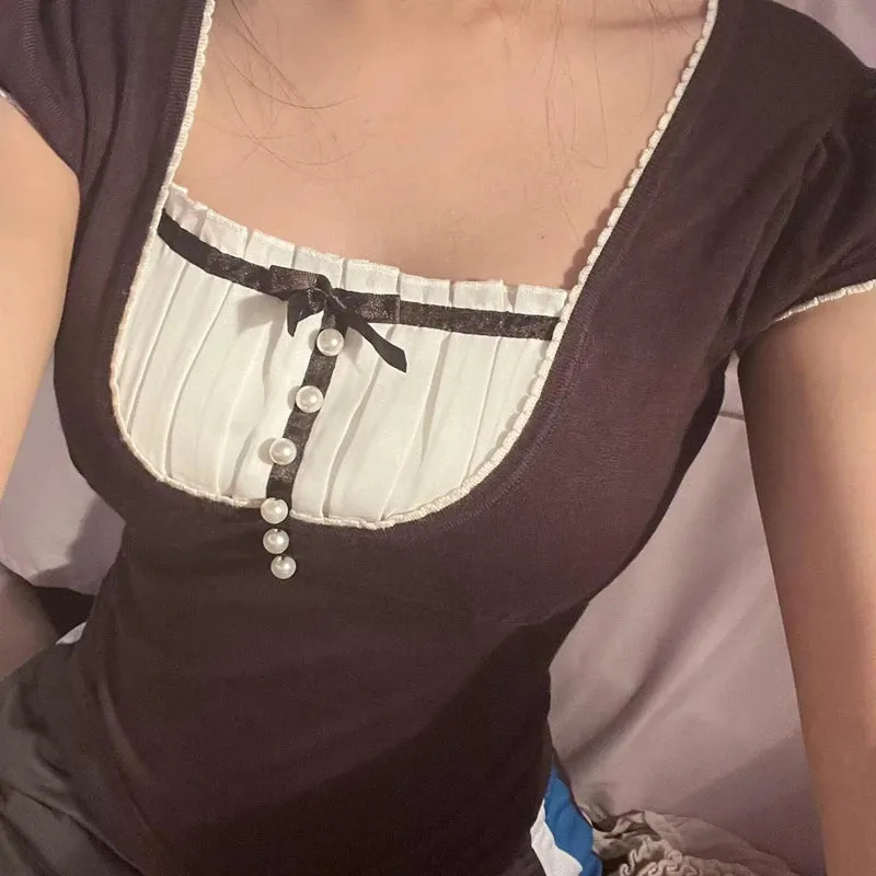 Korean Kawaii Patchwork Crop Top with Square Collar