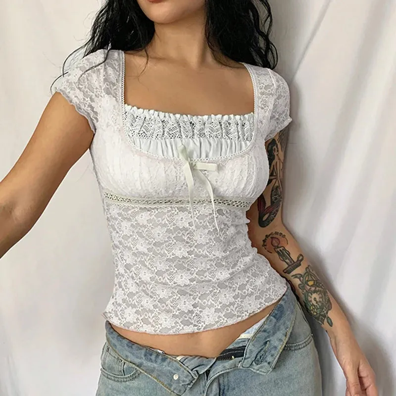 Korean Kawaii Patchwork Crop Top with Square Collar