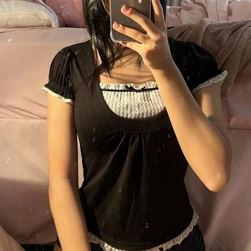 Korean Kawaii Patchwork Crop Top with Square Collar