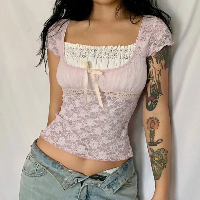 Korean Kawaii Patchwork Crop Top with Square Collar