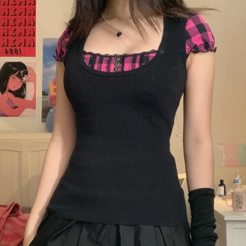 Korean Kawaii Patchwork Crop Top with Square Collar