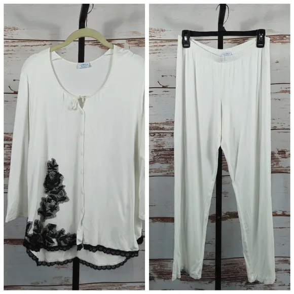 La Perla Sleepwear Pajama Lounge Set White/Off-White Size 4 = Large