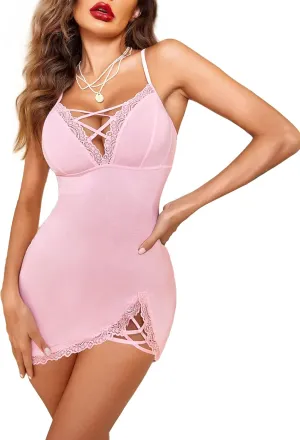 Lace Babydoll Chemises V-Neck Modal Sleepwear  Pink