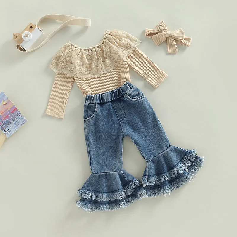 Lacey Long Sleeve Romper and Flare Denim Set