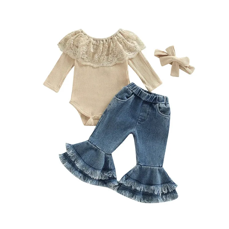 Lacey Long Sleeve Romper and Flare Denim Set
