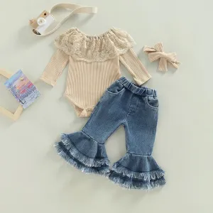 Lacey Long Sleeve Romper and Flare Denim Set