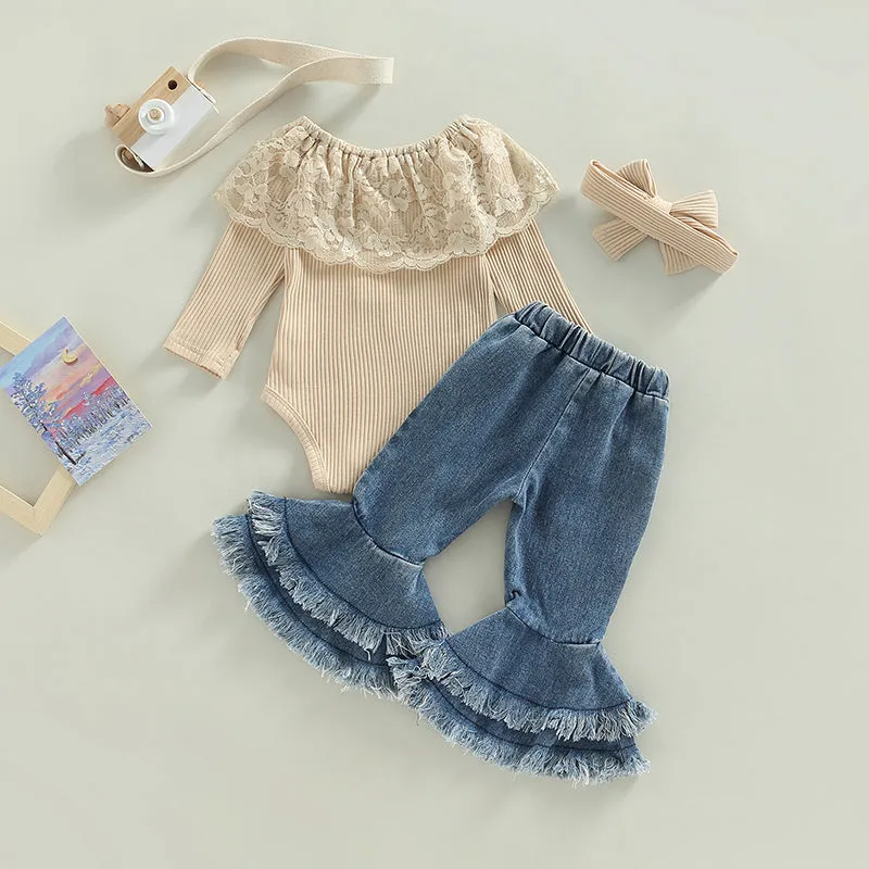 Lacey Long Sleeve Romper and Flare Denim Set
