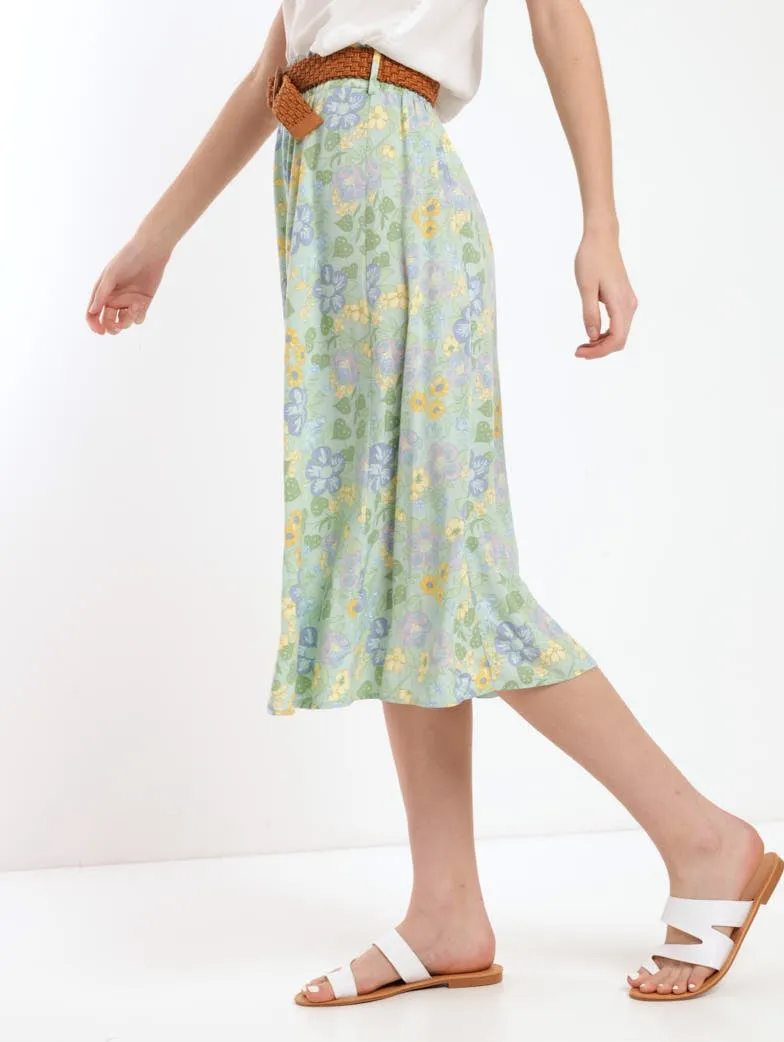 Ladies Belted Panel Flared Midi Skirt