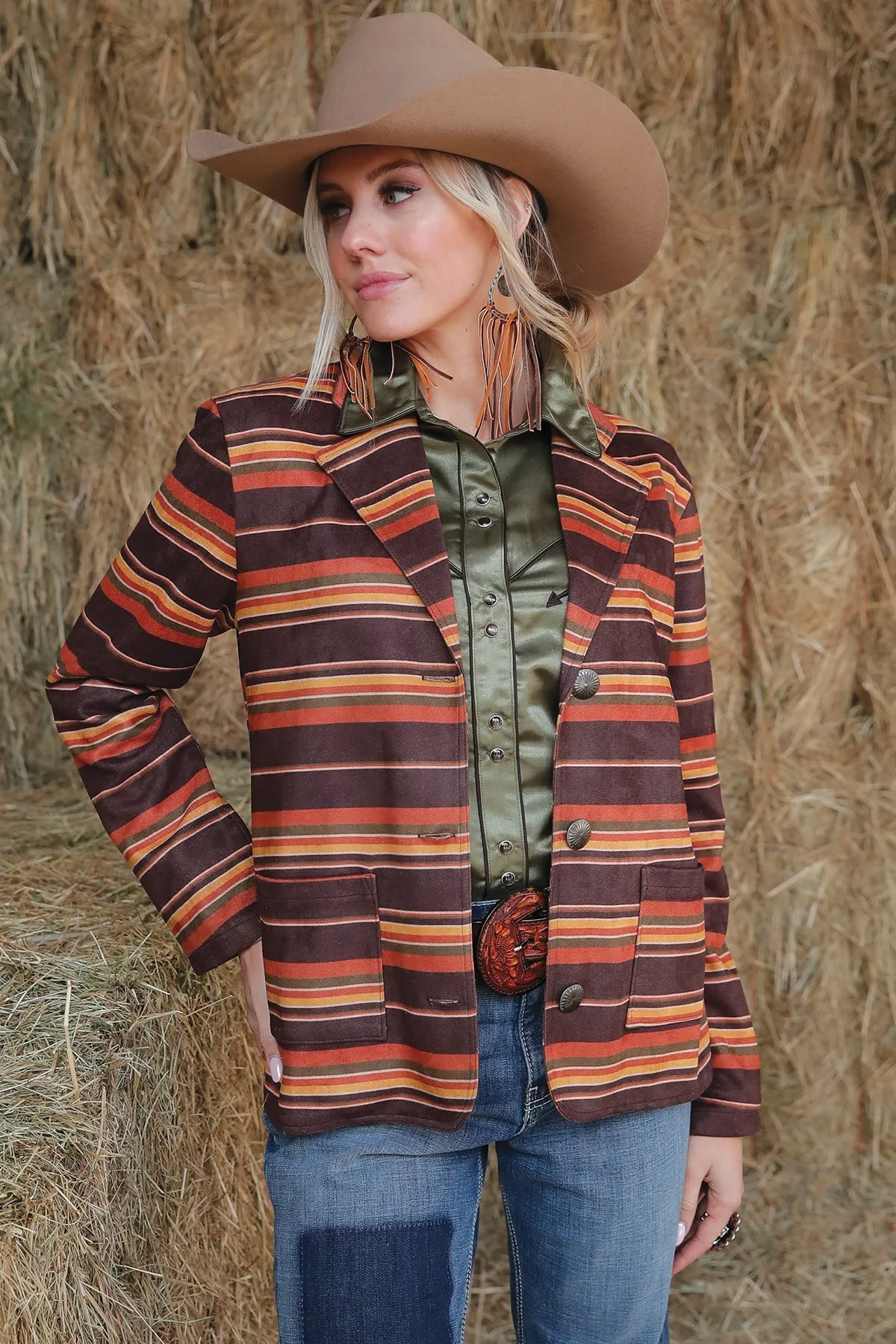 LADIES BROWN MULTI STRIPE FAUX SUEDE BLAZER